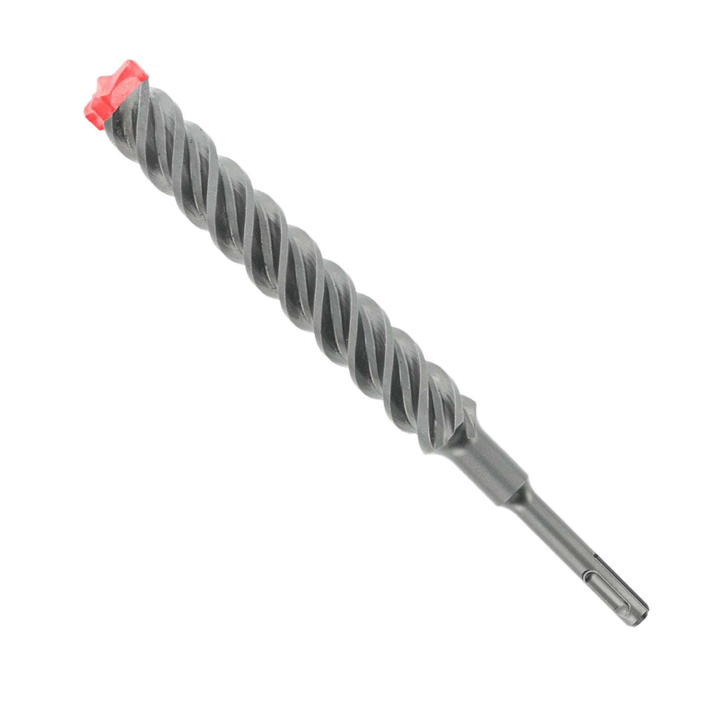 The DIABLO DMAPL4270 by Diablo is a gray, spiral-fluted drill bit with a red tip and a 4-cutter full-carbide head. It is ideal for heavy-duty drilling, with its cylindrical shank smoothly transitioning to the spiraled section for efficient debris removal.