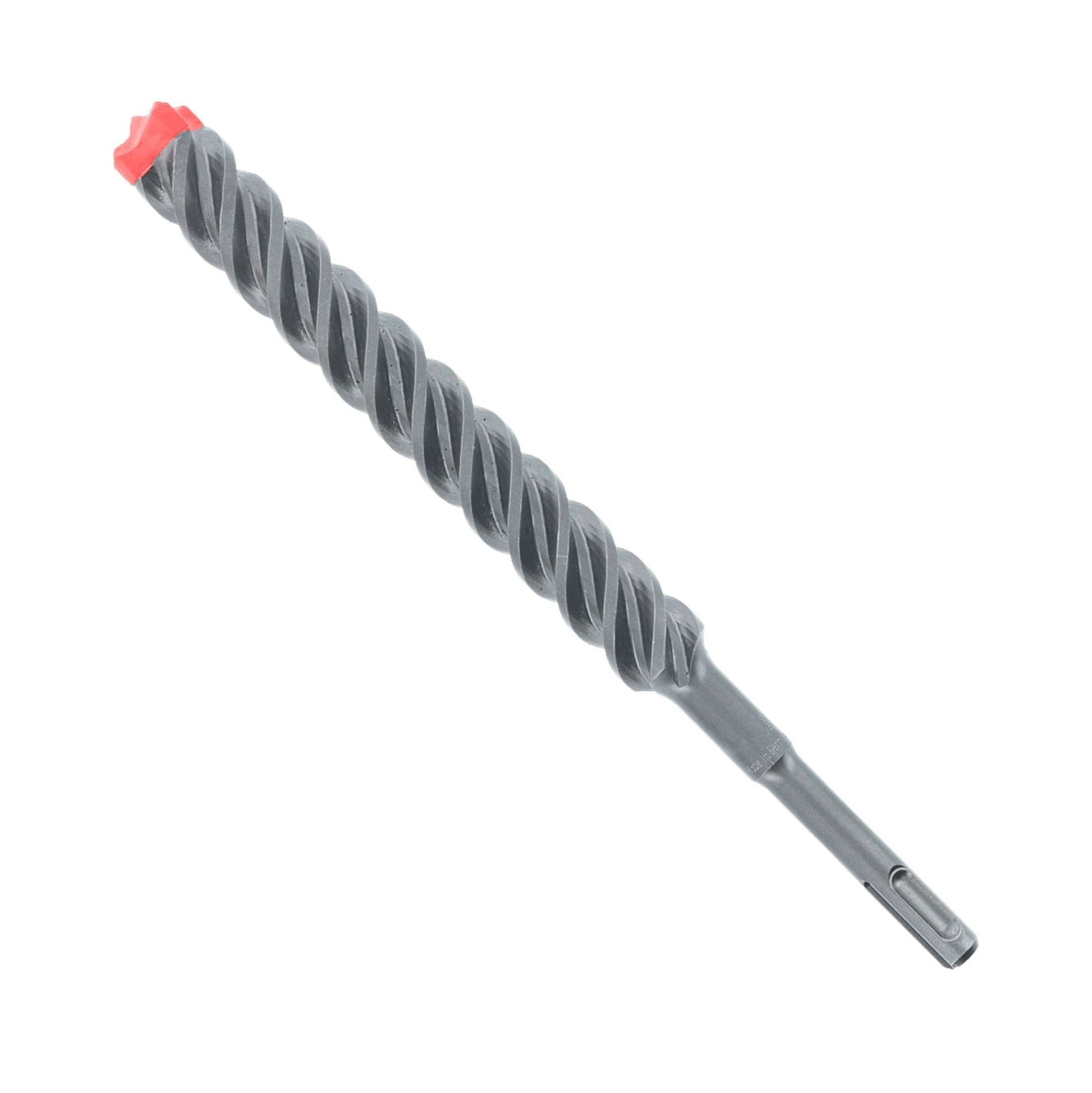 A close-up image of a metallic DIABLO DMAPL4280 Rebar Demon™ SDS-Plus 4-Cutter Full Carbide Head Hammer Drill Bit, featuring a red tip and spiral design for effective cutting, is a perfect complement to revolutionary hammer drill bits like the SDS-Plus and SDS-Max models.