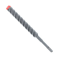 A close-up image of a metallic DIABLO DMAPL4280 Rebar Demon™ SDS-Plus 4-Cutter Full Carbide Head Hammer Drill Bit, featuring a red tip and spiral design for effective cutting, is a perfect complement to revolutionary hammer drill bits like the SDS-Plus and SDS-Max models.