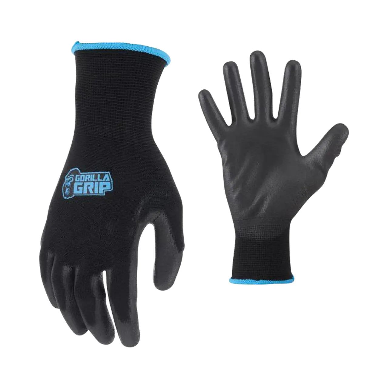 Two large black Go Build work gloves with blue cuffs: the left glove, palm down, features a Gorilla Grip logo; the right glove, palm up, shows the Maximum Grip coatings textured surface for superior grip. They are latex-free.