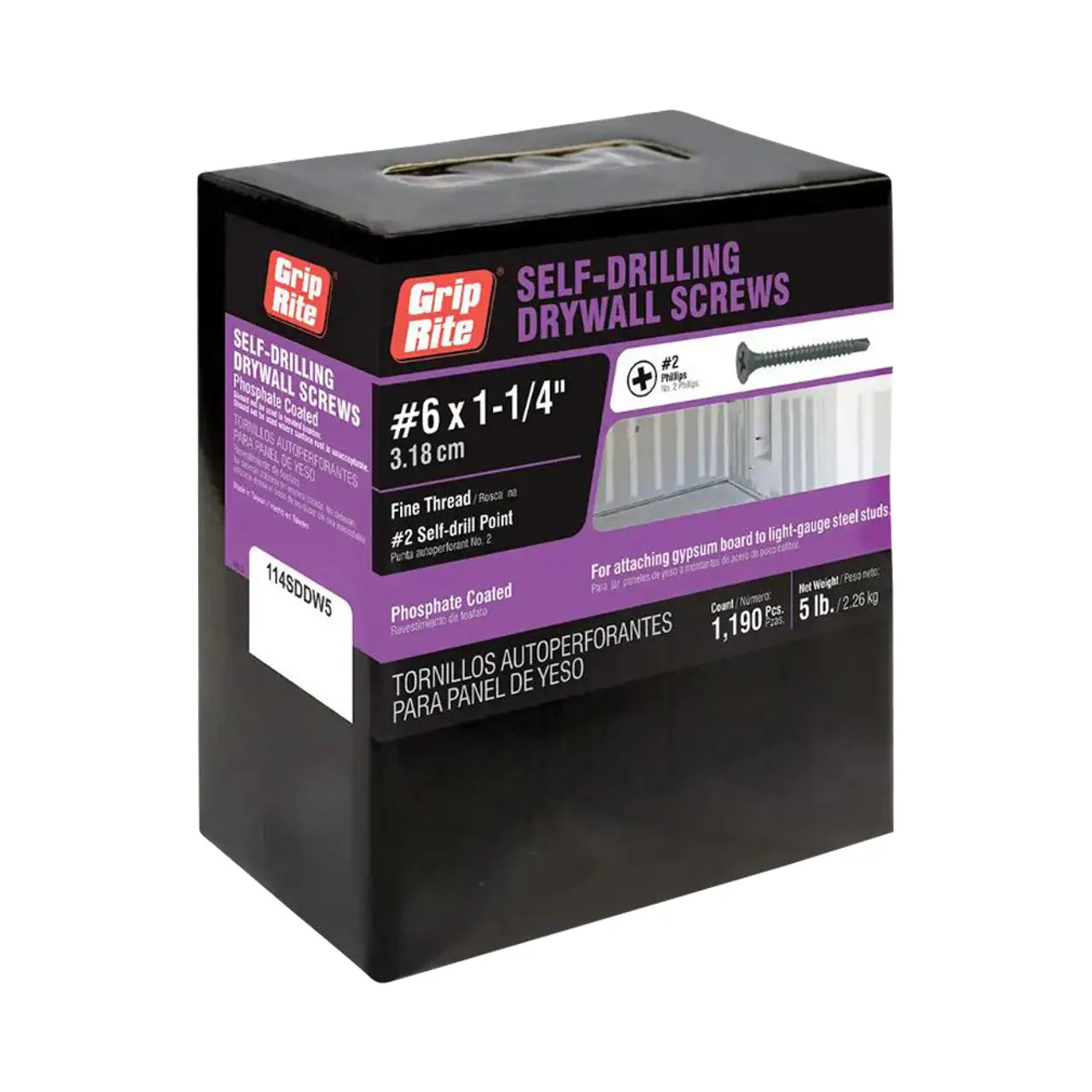 A Grip-Rite box, black with purple accents, holds 1,190 #6 x 1-1/4 in. Phillips Bugle-Head drywall screws, phosphate coated for securing gypsum boards to light-gauge steel studs.