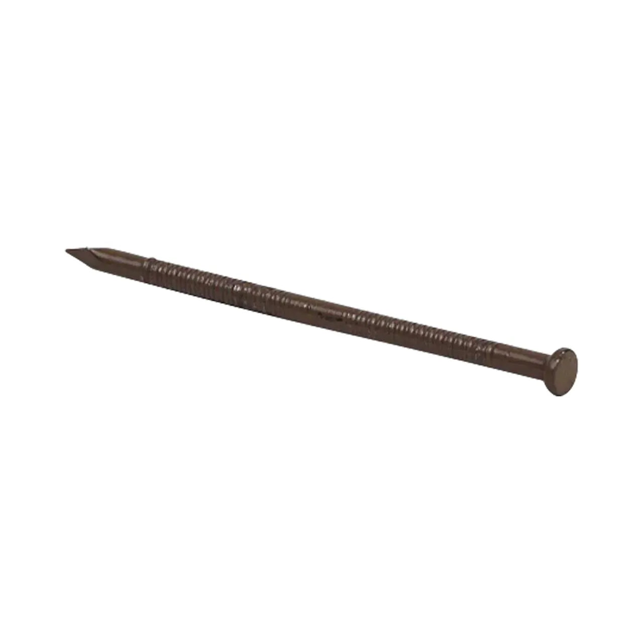 A single #16-1/2 x 1 in. 3-Penny vinyl-coated steel paneling nail by Go Build, featuring a round flat head, ridged shaft, and pointed tip, isolated on a white background.