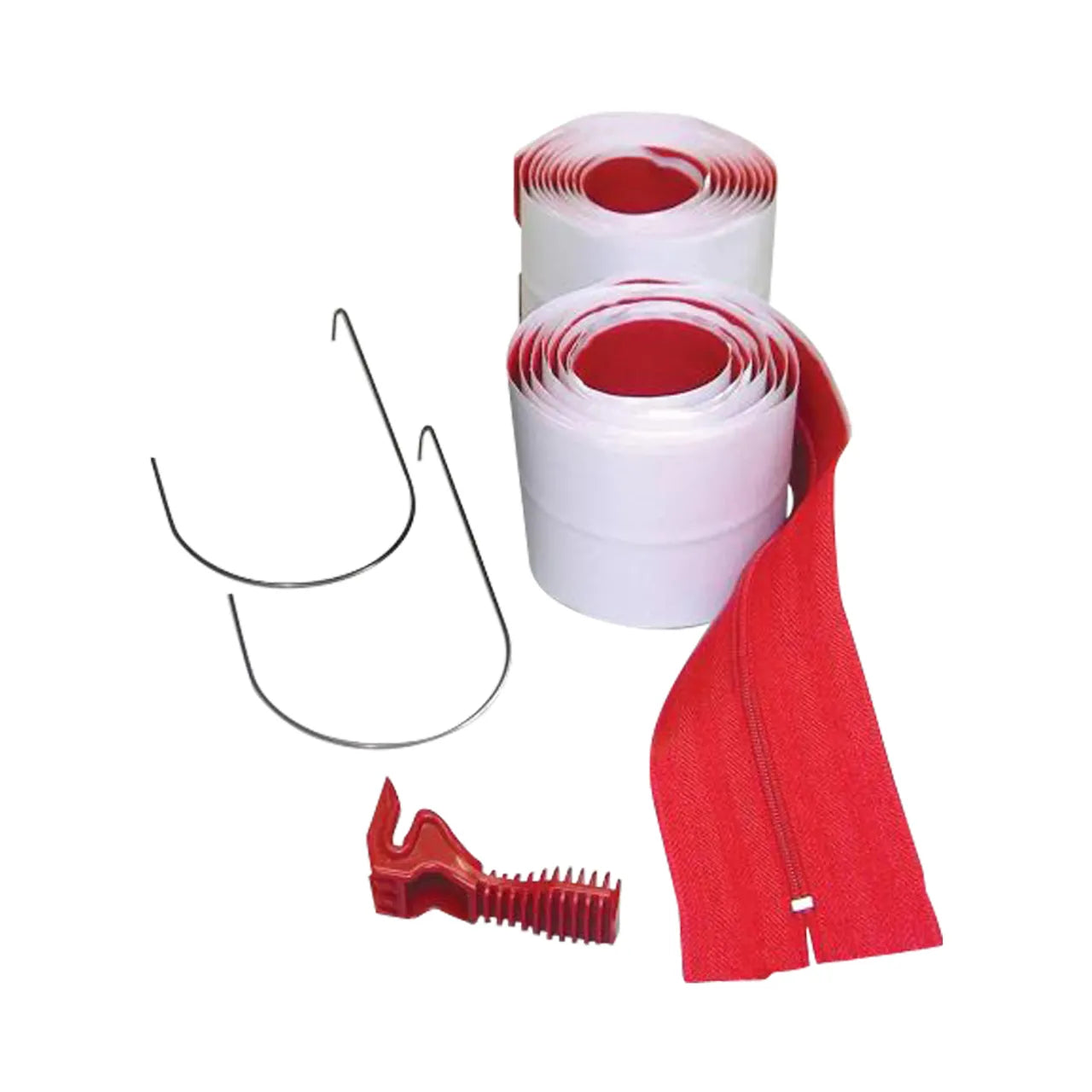 The ZIPWALL HDAZ2 set, featuring two rolled red and white plastic strips, two metal hooks, and a red zipper tool, is displayed on a white background.