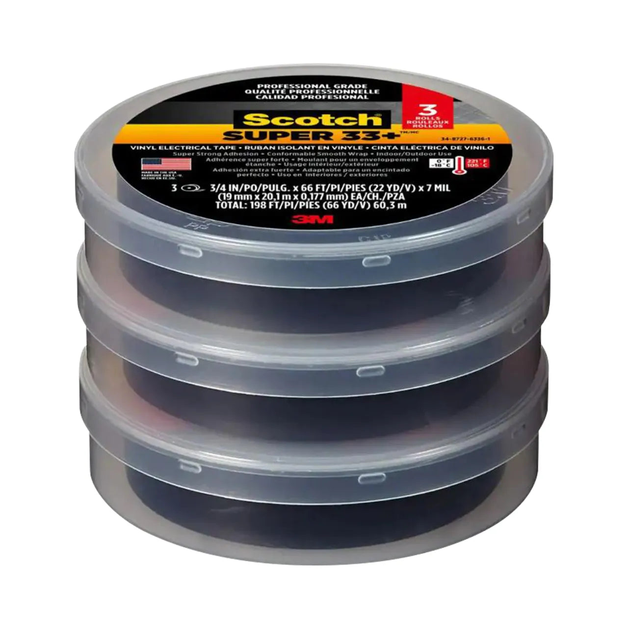 Three rolls of Go Build Scotch Super 33+ vinyl electrical tape, each 3/4 in. x 66 ft., are stacked horizontally in clear plastic. The top label highlights its flame-retardant, professional-grade quality and precise dimensions.