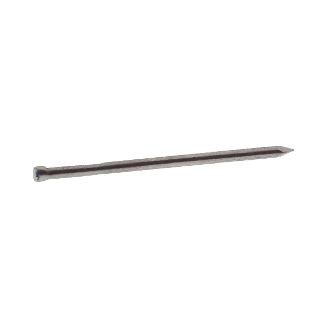 A Go Build #13 x 2 in. 6-penny bright steel finish nail, showcasing a typical trim finishing nail design with a flat head and pointed tip, lies against a plain white background.