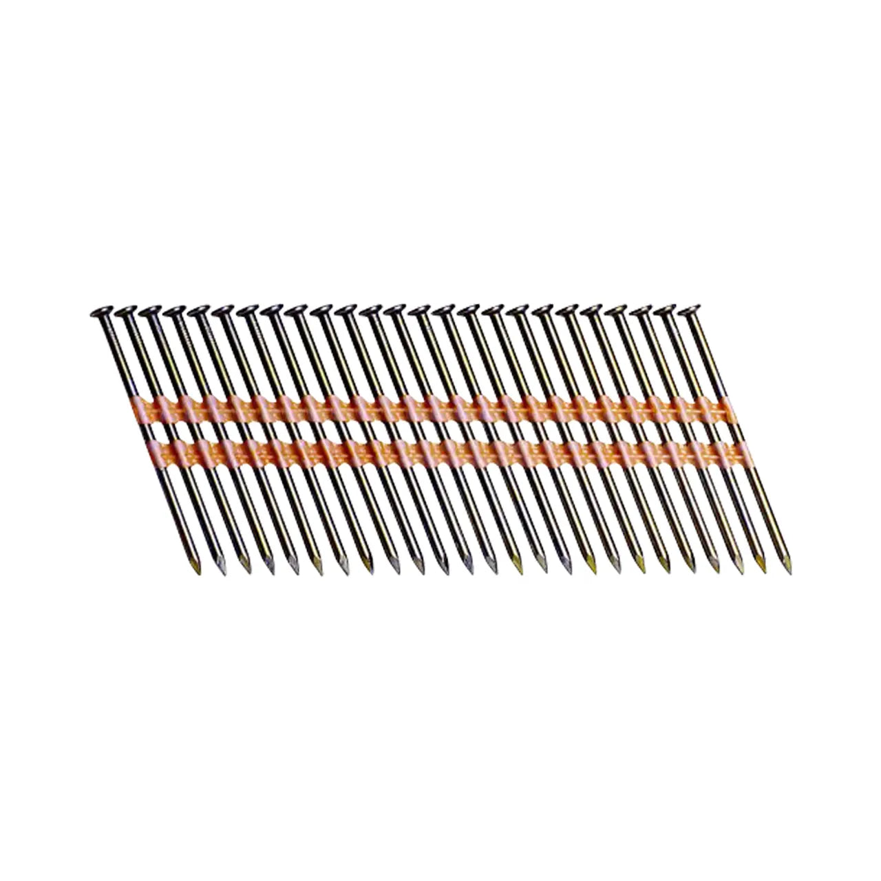 Go Builds 3 in. x 0.131 in. Plastic Brite Vinyl-Coated Smooth Shank Nails, packaged at 1000/Pack, are aligned with orange and brown paper strips holding them fan-like at an angle. Designed for indoor and framing applications, these nails have a pointed tip and flat head for efficient use.