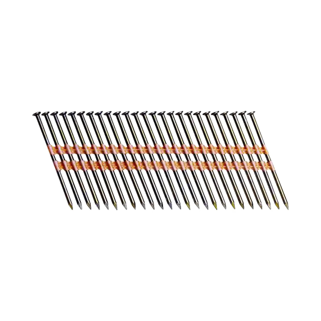 A row of 30 Go Build 3 in. x 0.131 in. Plastic Brite Vinyl-Coated Smooth Shank Nails, connected by an orange and white strip, set against a white background.