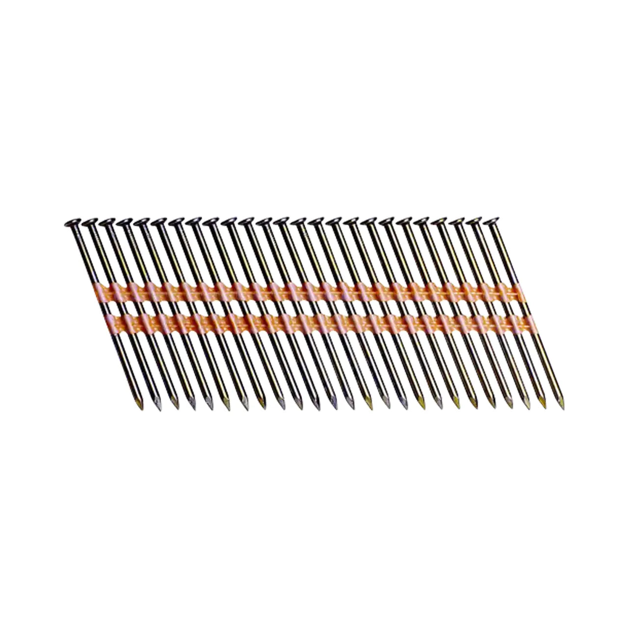 The 3-1/4 in. x 0.131 Ga Plastic Galvanized Smooth Shank Round Head Framing Nails by Go Build are arranged diagonally, connected by orange plastic strips for easy nail gun loading, ideal for carpentry. They feature a shiny surface and sharp tips.