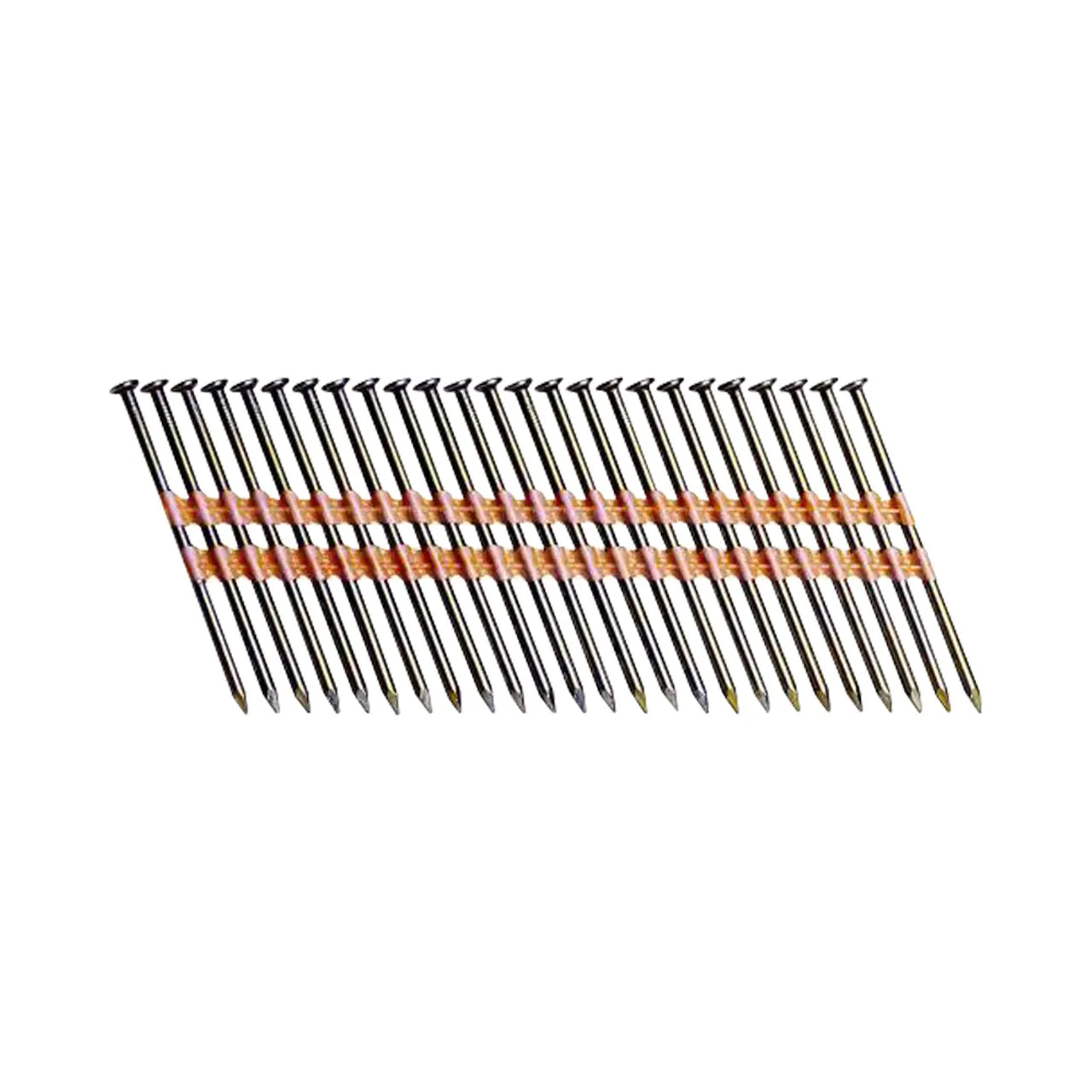 Diagonally arranged against a white background, Go Build nails feature sharp tips and flat heads. These 3-1/4 in. x 0.131-Gauge Galvanized Smooth Shank Plastic Framing Nails (1000/Pack) are held with orange and white plastic tape, making them ideal for sturdy construction projects.