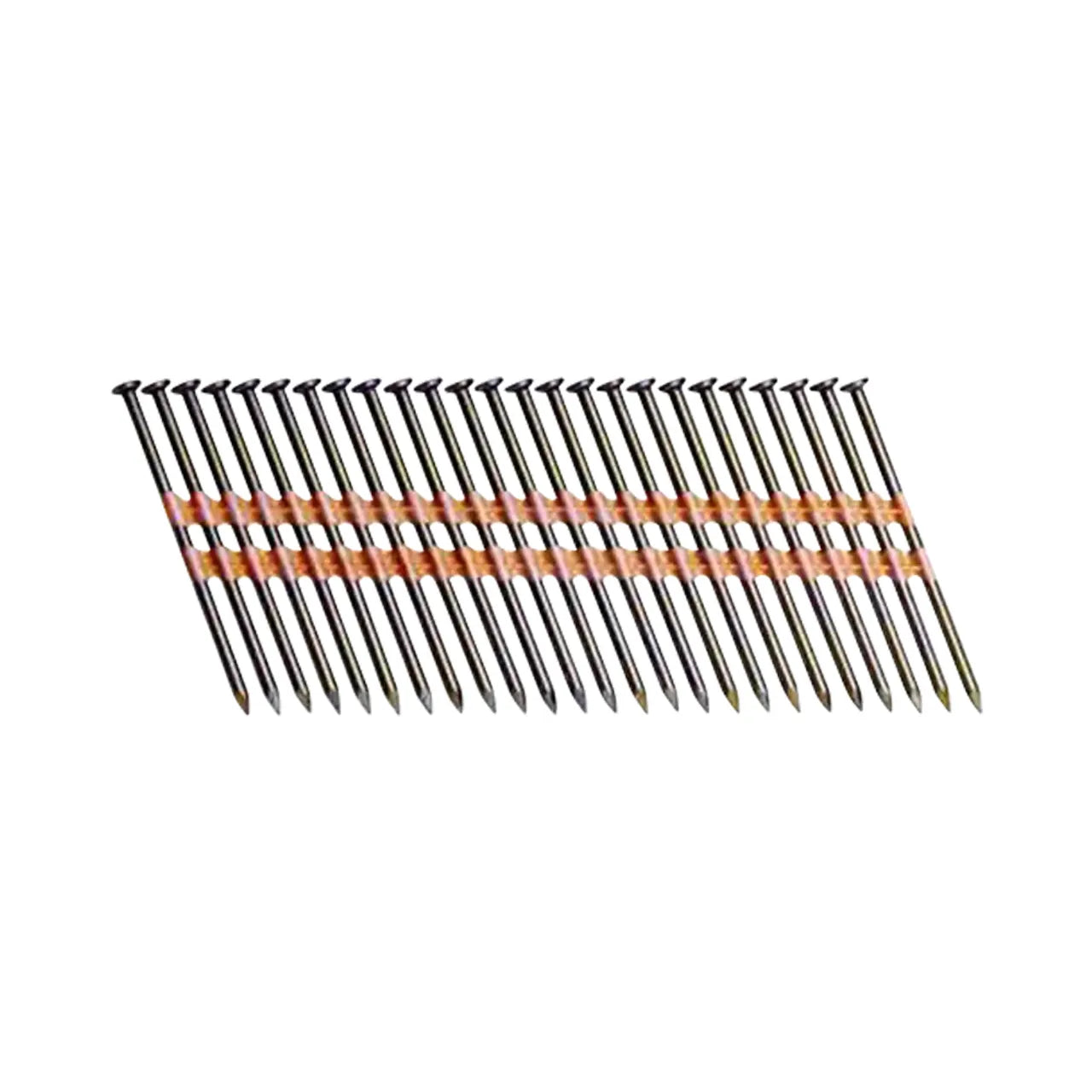 The Go Build 2-3/8 in. x 0.113 in. Plastic Bright Vinyl-Coated Steel Framing Nails (5000/Pack) are smooth shank, have pointed ends, flat heads, and come aligned diagonally for pneumatic nailers—ideal for construction projects.