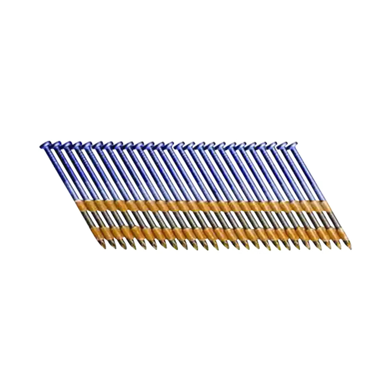 A row of Go Build 2-3/8 in. x 0.113 Ga Plastic Galvanized Steel Ring Shank Framing Nails, featuring blue heads and spiral shanks, connected by wire strips and arranged diagonally against a white background.