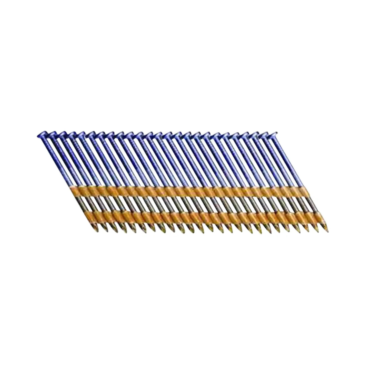 A strip of Go Build 2-3/8 in. x 0.113-Gauge Plastic Galvanized Steel Ring Shank Framing Nails with blue heads glistens in the light, arranged diagonally and connected by a thin strip, with pointed ends ready for a nail gun.