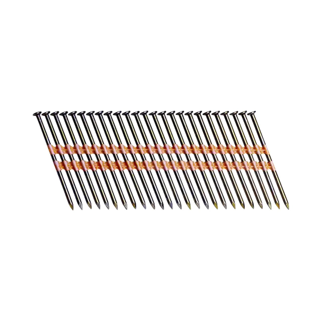 A strip of orange plastic collation connects the Go Builds 3 in. x 0.120 Ga Galvanized Ring Shank Plastic Framing Nails, featuring flat, round heads and sharp points, displayed diagonally on a white background.