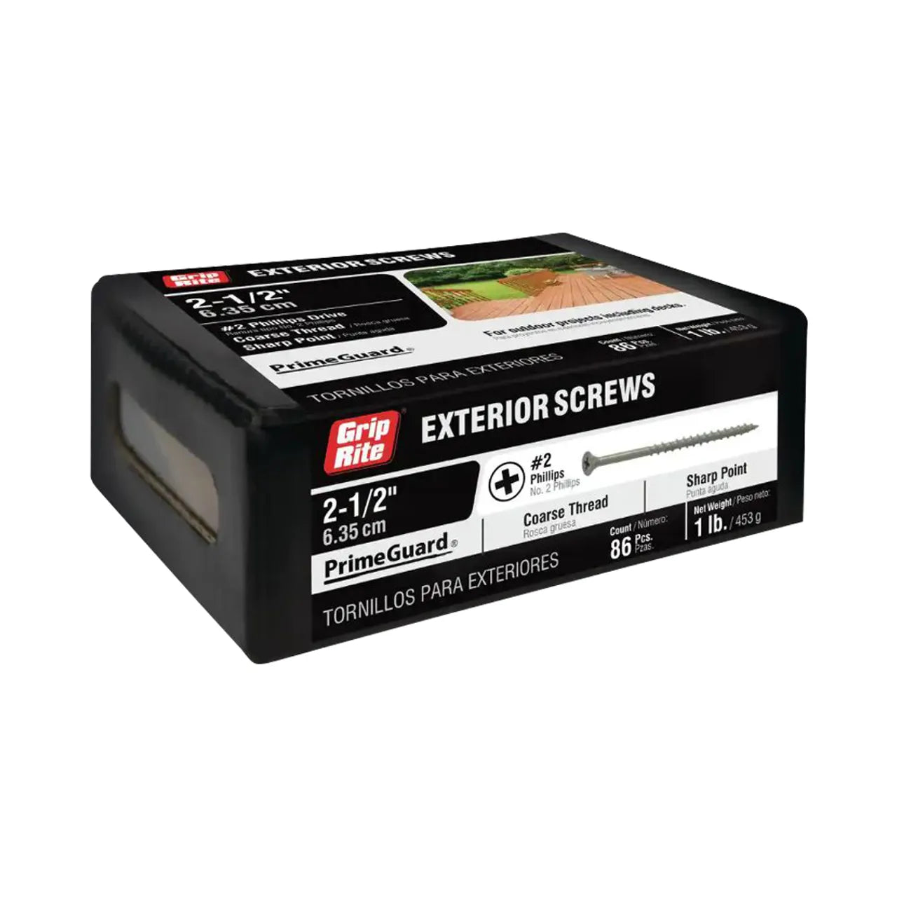 The black box of Go Build Grip-Rite exterior screws, ideal for outdoor projects, is labeled #9 x 2-1/2 in. with #2 Phillips and PrimeGuard Plus, containing 86 polymer-coated screws, weighing 1 lb, featuring images of a screw and wooden deck.