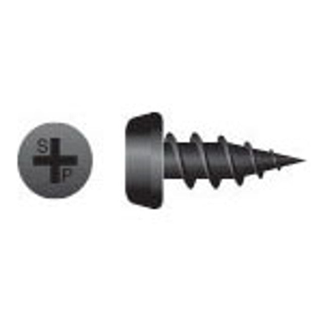 Illustration of a #7 x 7/16 in. pan head drive coarse screw with a pointed end and spiraled, coarse threads, alongside its head showing Phillips and flathead slots labeled S/P. Ideal for framing with steel studs. Go Build, The Fastest Way To Build offers these in a 25 lb. box.