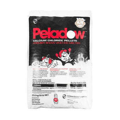 The PELADOW Premier 50lbs Calcium Chloride Salt Ice Melt bag features white packaging with black and red accents, highlighting its snow removal capabilities, while decorative illustrations emphasize its efficiency in melting ice.