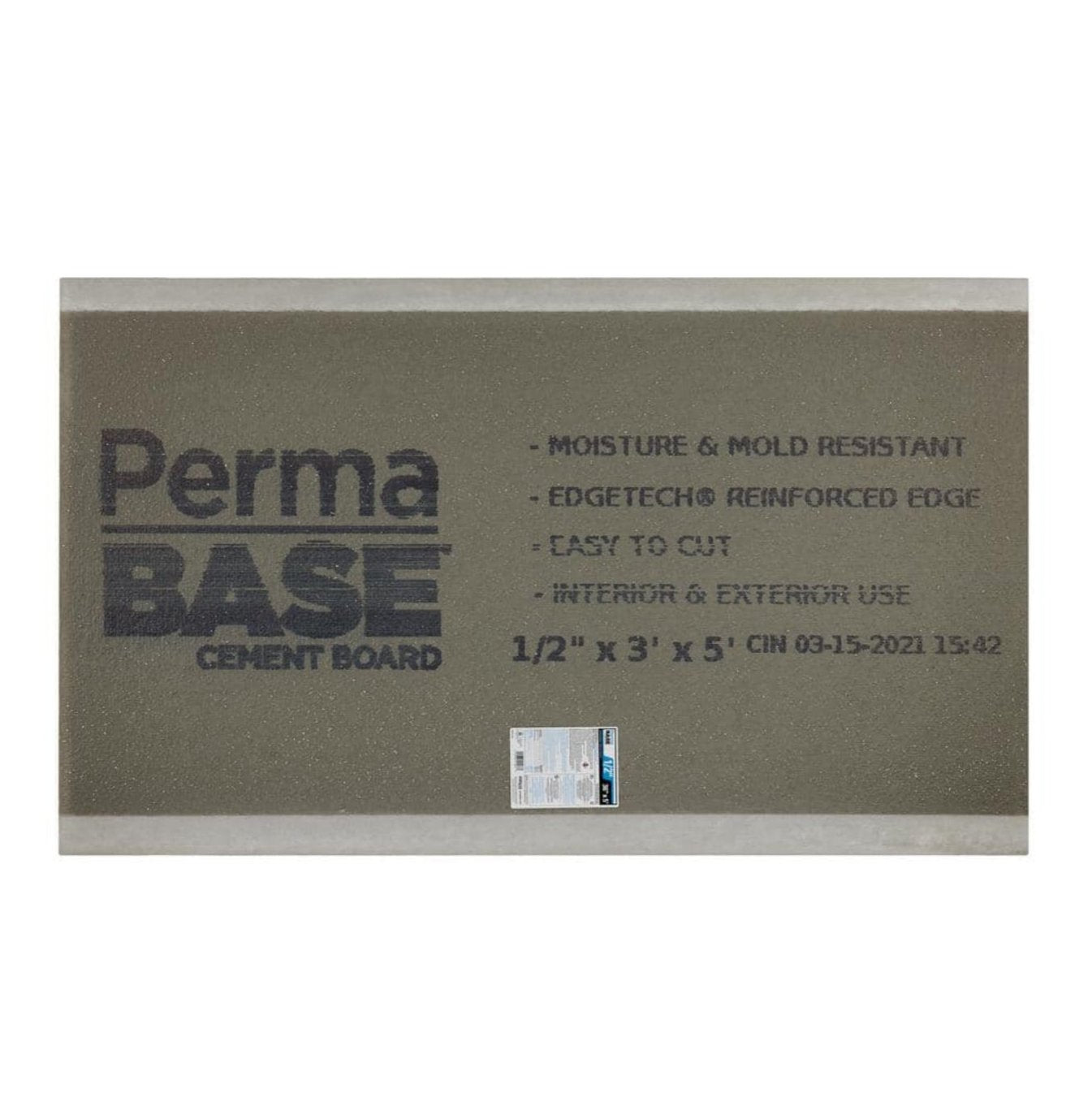 Image of the PERMABASE 3 ft. x 5 ft. Cement Board with EdgeGuard technology, perfect for tiling projects, featuring Moisture & Mold Resistant, Edgetech Reinforced Edge, and Easy to Cut qualities for versatile interior and exterior use, with a date stamp.