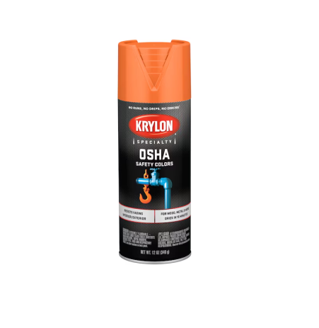 The KRYLON K02410777 OSHA Safety Orange Spray Paint, 12 oz., sports an orange cap and a label depicting a valve and pipe. Its perfect for high visibility in safety equipment and areas needing attention or caution.