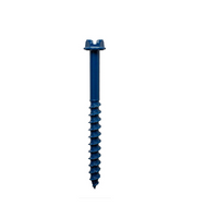 A Titen Turbo hex head screw, measuring 1/4 in. x 2-1/4 in., featuring a blue spiral thread and Torque Reduction Channel for fastening wood or metal, by Simpson Strong-Tie, displayed on a white background.