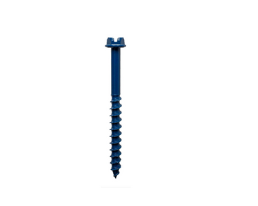 A Titen Turbo hex head screw, measuring 1/4 in. x 2-1/4 in., featuring a blue spiral thread and Torque Reduction Channel for fastening wood or metal, by Simpson Strong-Tie, displayed on a white background.