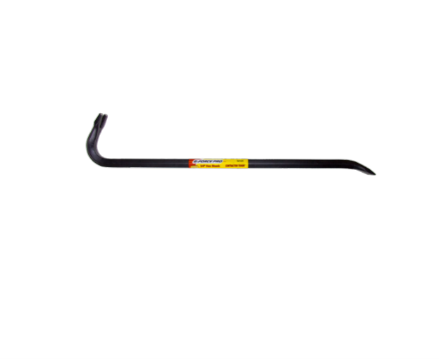 The G-FORCE 52124 Gooseneck Wrecking Bar, 3/4 in. x 24 in., features a chisel end and gooseneck with a yellow label, set against a white background.