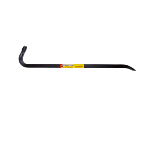 The G-FORCE 52124 Gooseneck Wrecking Bar, 3/4 in. x 24 in., features a chisel end and gooseneck with a yellow label, set against a white background.