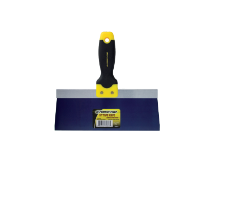 The G-FORCE 70805 12 in. Flexible Blue Steel Tape Knife features a wide metal blade for joint compound application, with a label on the blade and an Ergo Grip black and yellow handle offering superior comfort.