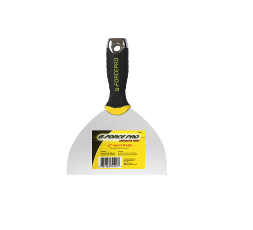 The G-FORCE 70522 is a flexible stainless steel joint knife with an ergo grip, ideal for drywall spreading. It features an 8-inch blade, a corrosion-resistant yellow sticker, and a hanging hole on the handle.