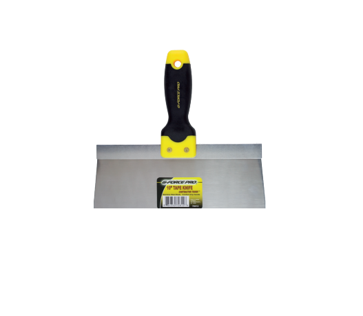 A 12-inch taping knife with an ergo grip handle is centered on a white background. Crafted from flexible, corrosion-resistant stainless steel, it features a wide blade ideal for drywall spreading. The product label on the blade displays G-FORCE 70814 and G FORCE.