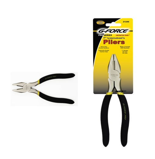 Image of G-FORCE 21240 7 in. Linesmans Pliers Ergo Grip, featuring ergonomic handles and hardened cutting edges. Made from chrome vanadium drop-forged steel, they are shown with packaging on the right and separately on the left.