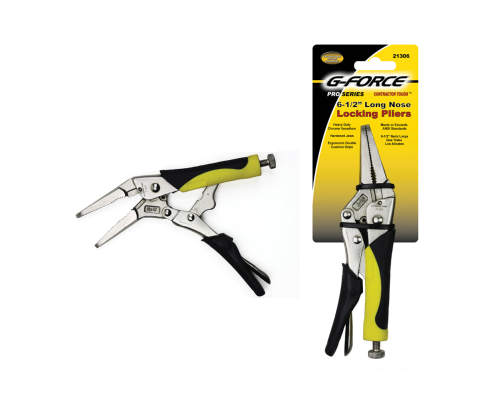 A G FORCE 21306 6-1/2 in. Long Nose Locking Pliers with ergonomic black and yellow grips is shown. Made from durable chrome vanadium, it is displayed next to its packaging, highlighting the products features and name.