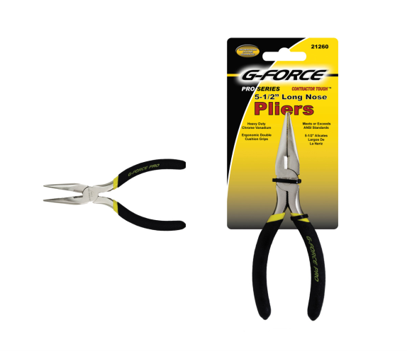 A pair of G-FORCE 21260 5-1/2 in. Long Nose Pliers with black and yellow Ergo Grip handles, featuring chrome vanadium construction; one plier is unpackaged, while the other remains in its packaging, with product details on a matching card.