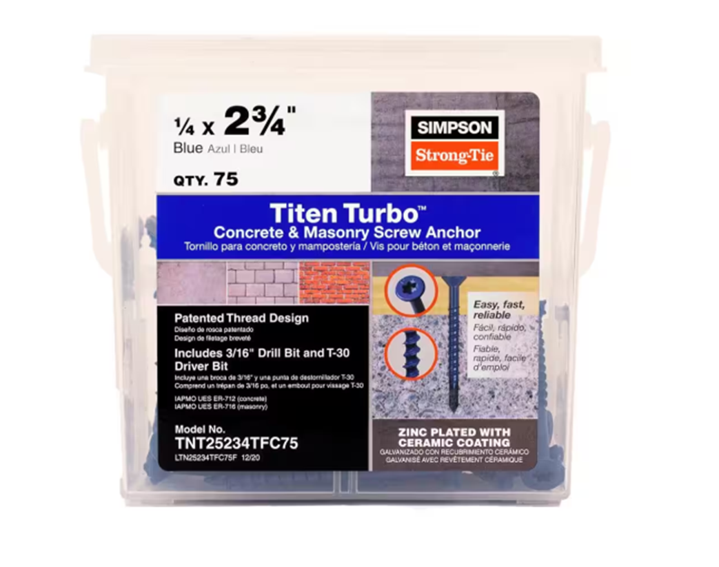 The Simpson Strong-Tie Titen Turbo 1/4 in. x 2-3/4 in. Flat Head Concrete Screws, Blue (75-Pack), feature a patented reverse thread design and Torque Reduction Channel. The package includes a 3/16 drill bit and T-30 driver bit for convenience.