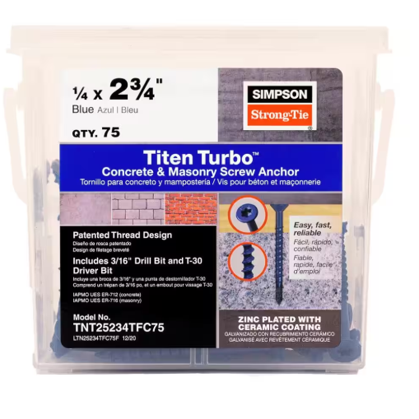 The Simpson Strong-Tie Titen Turbo 1/4 in. x 2-3/4 in. Flat Head Concrete Screws, Blue (75-Pack), feature a patented reverse thread design and Torque Reduction Channel. The package includes a 3/16 drill bit and T-30 driver bit for convenience.