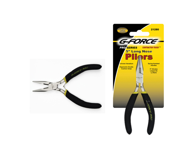 Image of G FORCE 5 in. Mini Long Nose Pliers Ergo Grip featuring black cushioned ergonomic grips. The packaging emphasizes chrome vanadium construction for corrosion resistance and spring-assisted action for one-handed use.