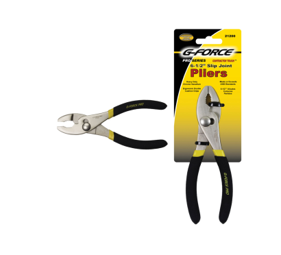 The left side features G-FORCE 21200 6-1/2 Slip Joint Pliers with black and yellow handles. On the right, the packaging labeled G-FORCE 6-1/2 Slip Joint Pliers Ergo Grip displays similar accents. Made from chrome vanadium, these pliers have precision serrated jaws for enhanced grip.