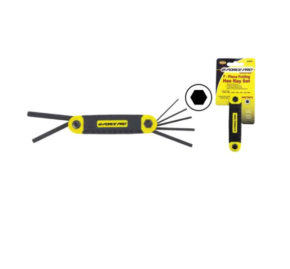 The G-FORCE 24038 7-Piece Folding Hex Key Set features metric keys from 1.5MM to 6MM made of durable Chrome Vanadium Steel. Its yellow handle with a black ergo grip ensures easy use, packaged with a product description and hexagonal illustration.