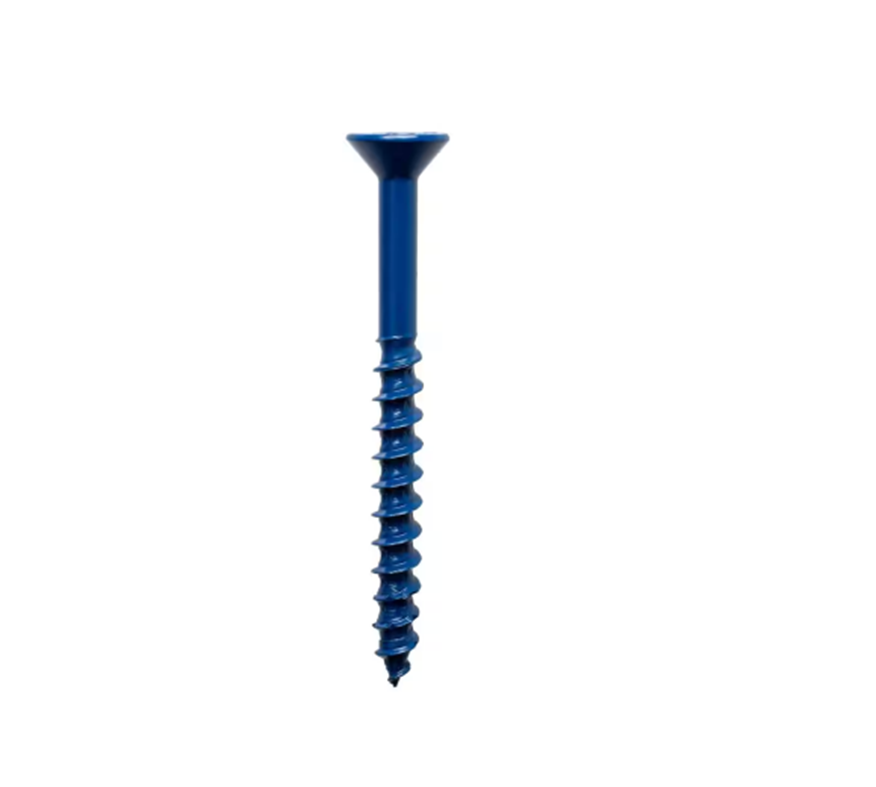 Simpson Strong-Tie Titen Turbo 1/4 in. x 4 in. flat head concrete screw, blue with spiral and reverse thread design, isolated on a white background (100-pack).