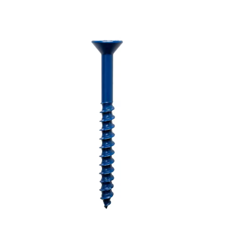 Simpson Strong-Tie Titen Turbo 1/4 in. x 4 in. flat head concrete screw, blue with spiral and reverse thread design, isolated on a white background (100-pack).