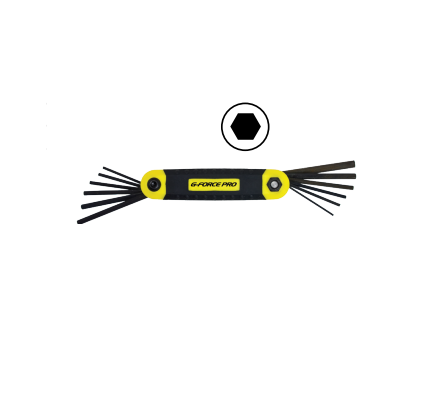 The G-Force 12-Piece Folding Hex Key Set by G FORCE features metric and SAE sizes. It has a yellow and black ergo grip handle for comfort, with a sleek black hexagon icon above the multi-tool that fans out keys on both sides for easy access.