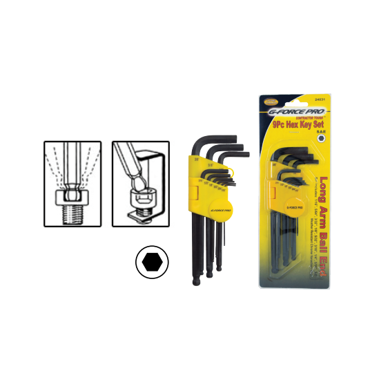 The G-FORCE 24032 9-Piece Hex Key Set, made of durable Chrome Vanadium Steel with long arm ball ends, is packaged in a striking yellow casing. It includes an action diagram and displays the G FORCE branding next to the set. Metric sizes range from 1.5MM to 10MM.