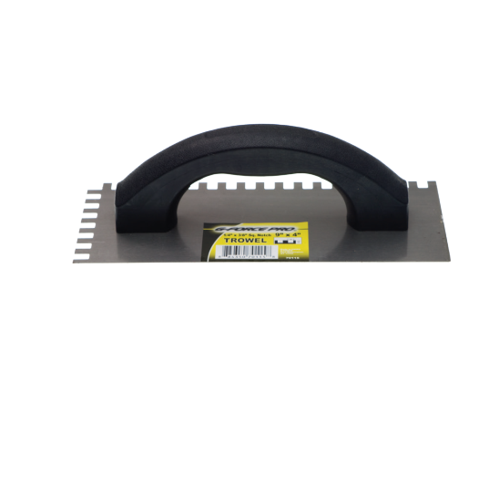 The G-FORCE 70111 features a square notched design, 9 in. x 4 in., carbon steel blade, and a black plastic handle. Its yellow label includes a barcode and Trowel, ideal for laminated wood plank flooring installation.