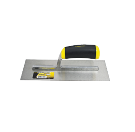 The G FORCE G-Force 1/16 in. U-Notched Trowel features an 11 in. x 4-1/2 in. stainless steel blade with a barcode sticker, topped with a black and yellow Ergo Comfort Grip Handle for ease of use.