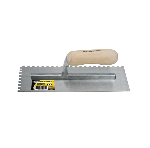 The G-Force 1/4 in. Square Notched Trowel, featuring an 11 in. x 4-1/2 in. wood handle and durable carbon steel blade, is placed on a white background with its yellow G FORCE label and contact info, exuding professionalism.