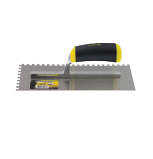 The G-FORCE 70180 1/2 in. Square Notched Trowel by G FORCE features an 11 x 4-1/2 inch stainless steel blade and an ergo comfort grip handle in black and yellow, ideal for spreading adhesives with precision-cut notches for efficient application.