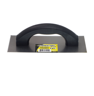 The G FORCE G-Force 3/32 in. U-Notched Trowel, with a 9x4 in. carbon steel blade and black plastic handle, is perfect for thinset application; a yellow label with text decorates the toothed blades edge.