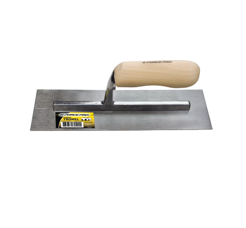 The 11 x 4.5 G-FORCE 70161 U-Notched Trowel features a smooth wood handle and stainless steel blade, perfect for applying thinset.