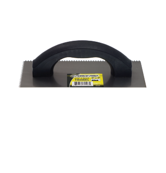 The G FORCE 70103 3/16 in. V-Notched Trowel, with a black plastic handle and gray carbon steel blade, features a yellow and black label perfect for applying thinset, adhesive, or plaster.