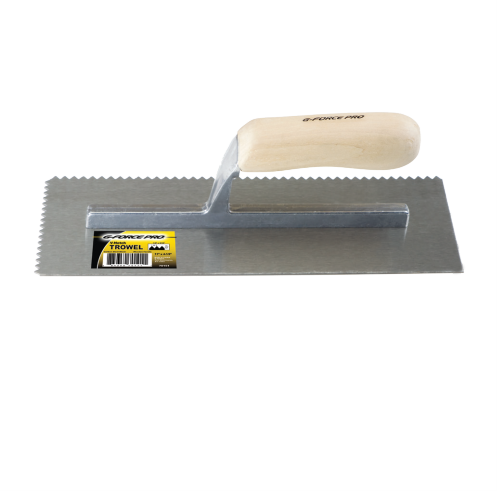 The G FORCE G-Force 1/4 in. x 3/8 in. V-Notched Trowel features a metal blade with a serrated edge and a wooden handle, ideal for installing laminated wood plank flooring.