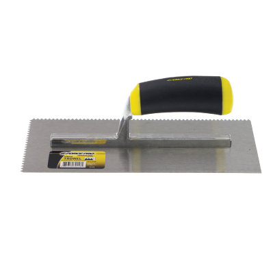 The G-FORCE 70156 3/16 in. V-Notched Trowel by G FORCE features an Ergo Grip black and yellow handle with a carbon steel blade. Its rectangular metallic blade has evenly spaced teeth, ideal for thinset application, and includes a label with product details near the handle.